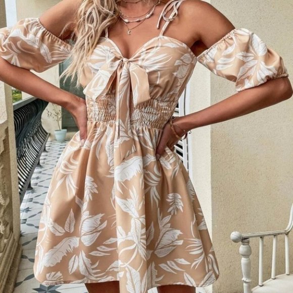 . Dresses & Skirts - Tropical Leaf  Cold Shoulder Detailed Tie Front Shirred Mini Dress Tan